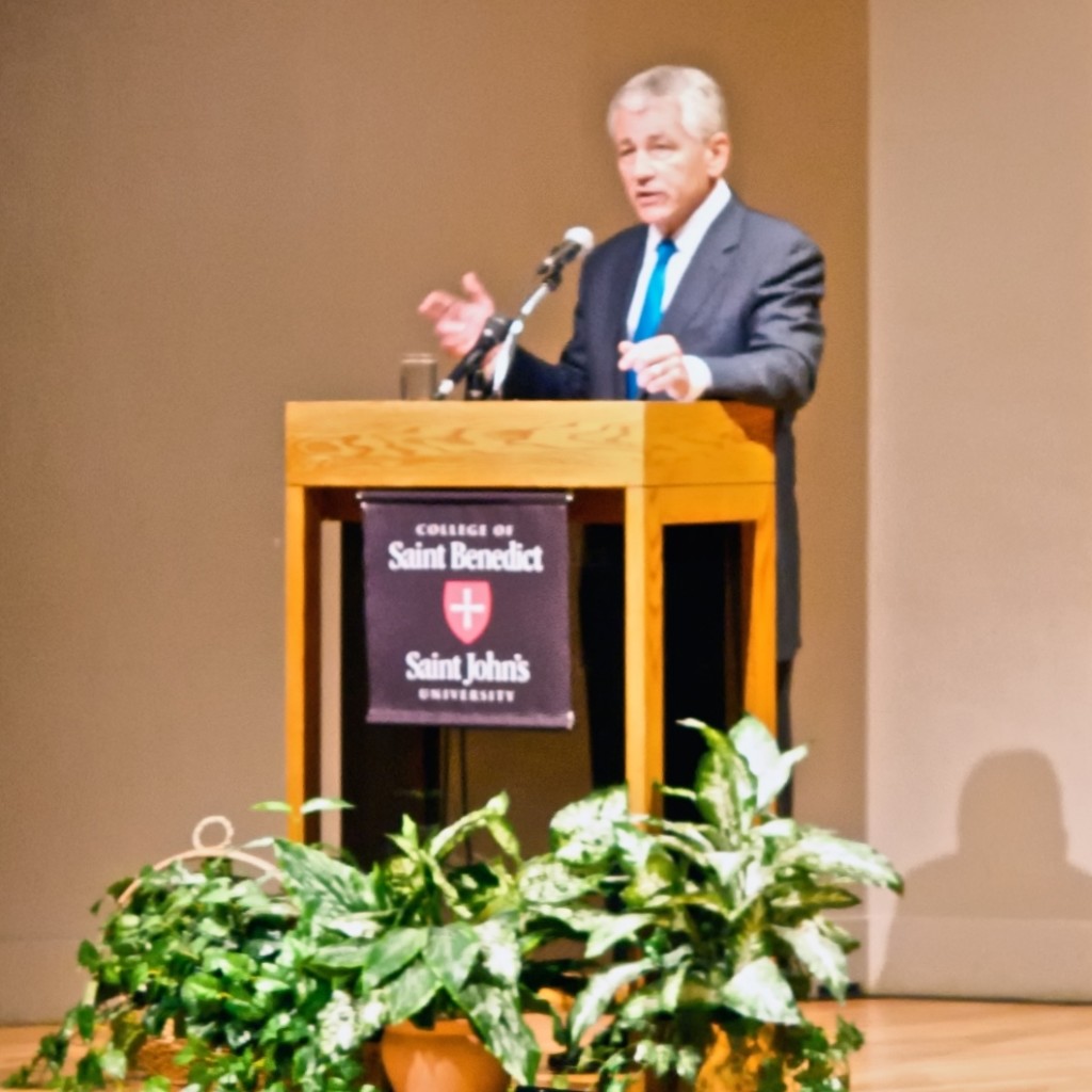 Former U.S. Sen. Chuck Hagel delivers the third annual Eugene J. McCarthy Lecture at the Stephen B. Humphrey Theater, St. John's University, Collegeville, Minn., September 23, 2009.