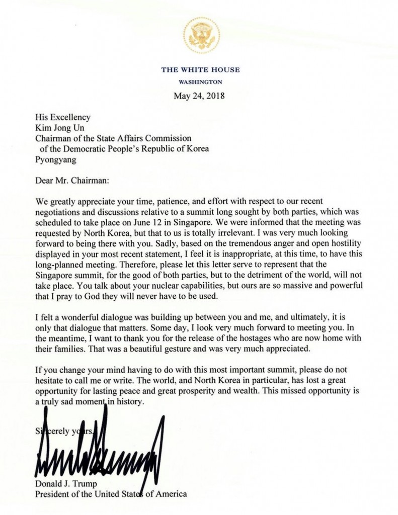 Donald Trump letter to Kim Jong-un, May 24, 2018.